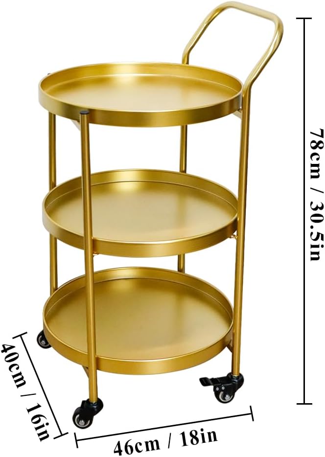 TRIROCKS 18 * 31" H Round Gold 3-Tier Rolling Bar Cart with Wheels Elegant Metal Frame Serving Cart for Kitchen, Dining Room, or Living Room Display and Storage