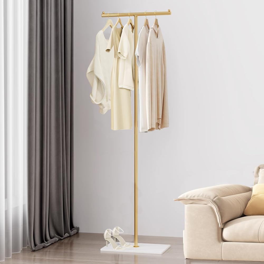 T-Shaped Metal Rack Stand,Modern Clothes Rack With Rock Slab Base,60.3 Inch Freestanding Clothing Rack Stand,Suitable For Boutiques, Entryway, Bedroom, Living Room, (Golden Yellow,60.3 Inch)