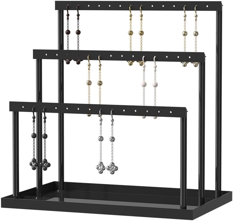 3-Tier Earring Organizer Holder Stand, Metal Jewelry Stand with Tray for Earring Display, 42 Holes Metal Earring Storage Tower Rack for Women Girls Home Use (Black)
