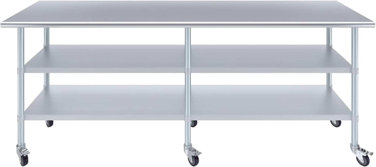 AmGood Stainless Steel Work Table with 2 Shelves and Casters | Metal Utility Table On Wheels (Stainless Steel, 96" Long x 24" Deep)
