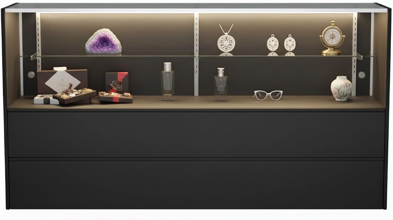 WISDOMFUR 5ft Black Display Showcase Cabinet with LED Lighting – Half Vision Retail Glass Display Case, 60" x 18" x 38", Sliding Locking Doors & Storage Shelves