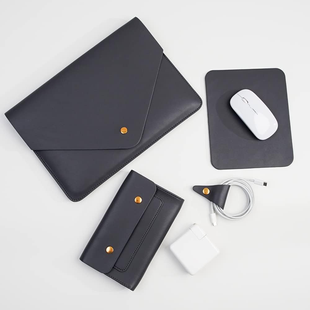PU Leather Laptop Sleeve 13 Inch Compatible for 2024 13inch MacBook Air M3,13 MacBook Pro M2, Surface Pro 3 4 5 6 7, Dell XPS 13 with Small Pouch, Mouse Pad and Cord Organizer Color Dark Grey