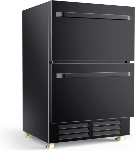 24 Inch Outdoor Refrigerator for Patio with Wheels-Under Counter Dual Drawer Beverage fridge with Stainless Steel Door, Built-In/Freestanding Drink Cooler for Outdoor/Indoor, Weatherproof, Black