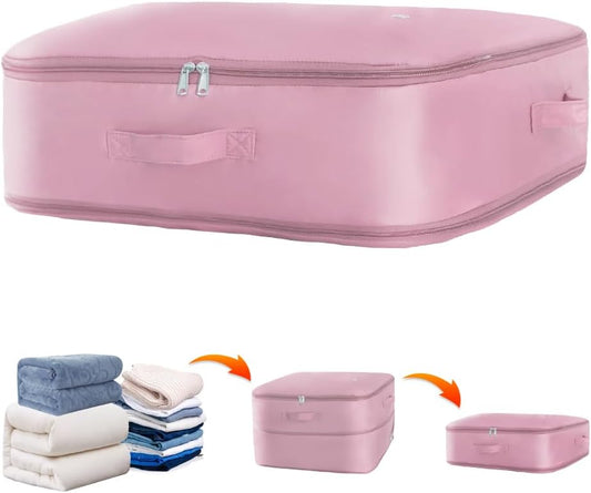Space saver bag,for quilts, duvets or other fluffy clothing.Measures 21" L x 16.5" W x 11.2" H when unfolded and 21" L x 16.5" W x 4.8" H when compressed.Pink