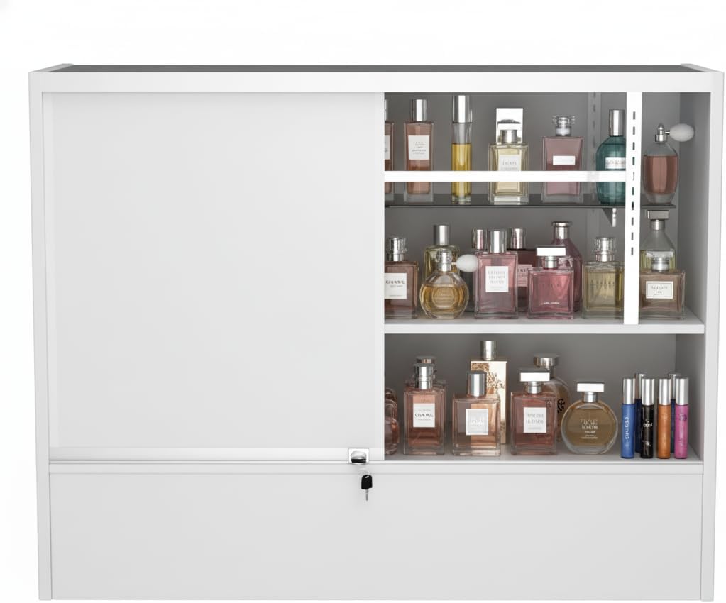 WISDOMFUR 48” Display Showcase with LED Lighting – White Melamine Finish, Adjustable Glass Shelf, Locking Sliding Doors – 4ft Retail Display Cabinet for Stores & Exhibits