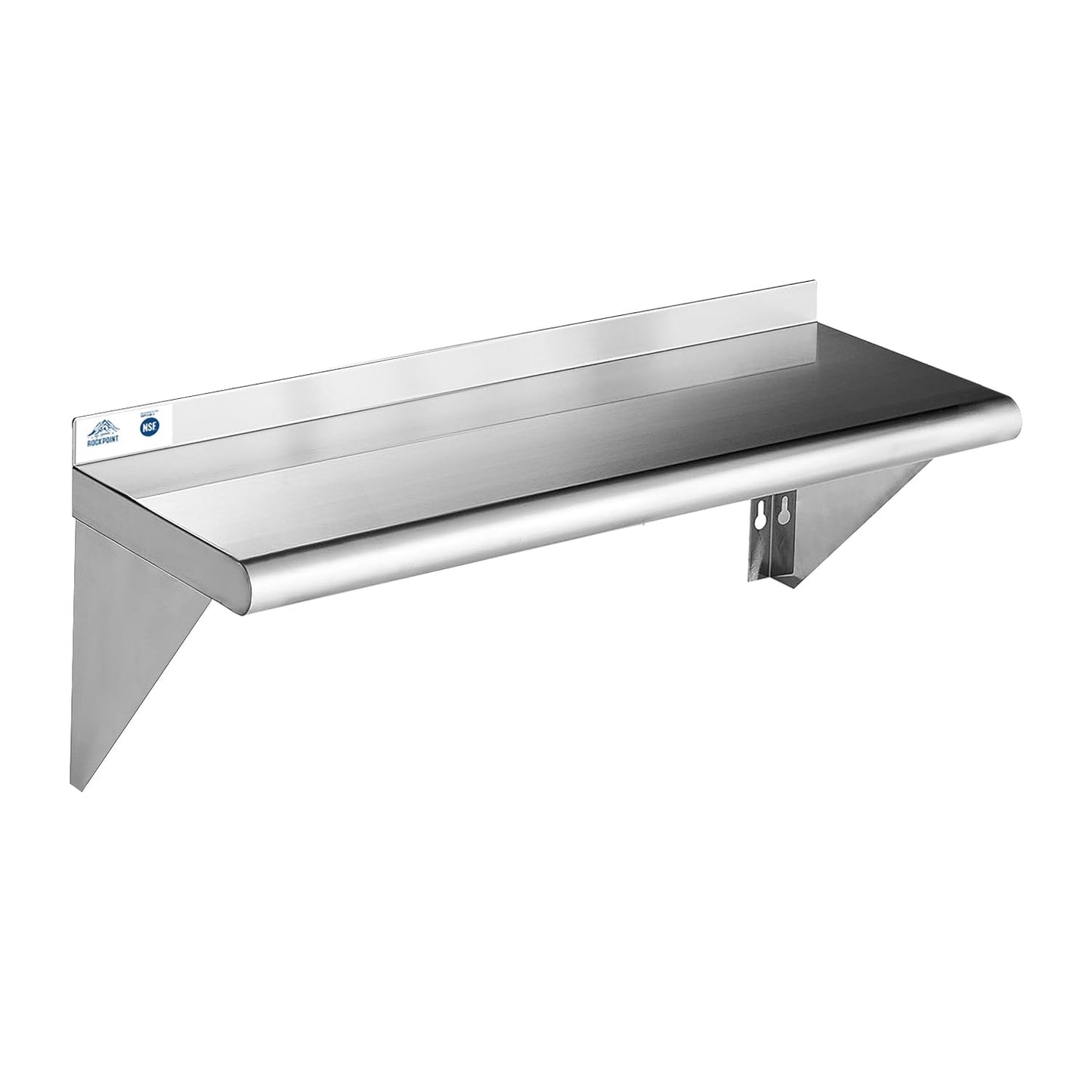ROCKPOINT Stainless Steel Shelf 10 x 36 Inches 240lb, NSF Metal Commercial Shelves Wall Mount Floating Shelving with Backsplash for Restaurant, Kitchen, Home and Hotel, Silver