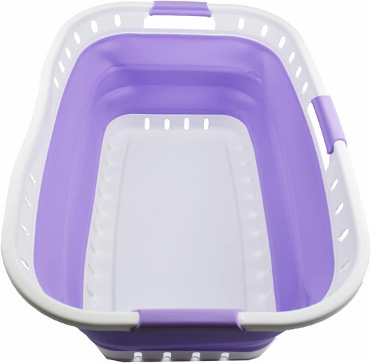 SAMMART 44L (11.62 gallon) Collapsible Plastic Laundry Basket - Foldable Pop Up Storage Container/Organizer - Portable Washing Tub - Space Saving Hamper/Basket (1, White/Lt. Purple)