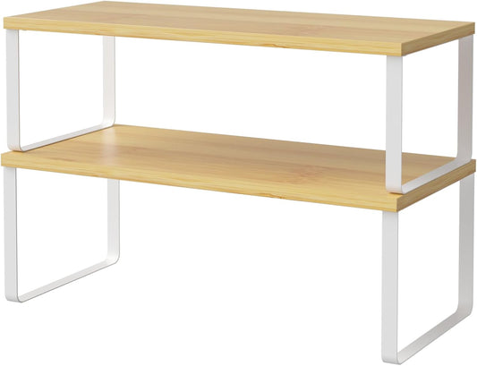 NEX Bamboo Cabinet Organizer Shelf, Set of 2 Kitchen Counter Shelves, Spice Rack, Stackable Kitchen Shelves Organizer, Pantry Cupboard Dish Mug Cup Storage Shelf, White and Natural