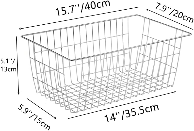 Wire Storage Baskets Freezer Organizing Bins Pantry Food Storage Organizer Metal Basket Wire Grid Design for Cabinets, Pantry, Closets, Freezer, Bedrooms,Kitchen, Set of 2, Chrome