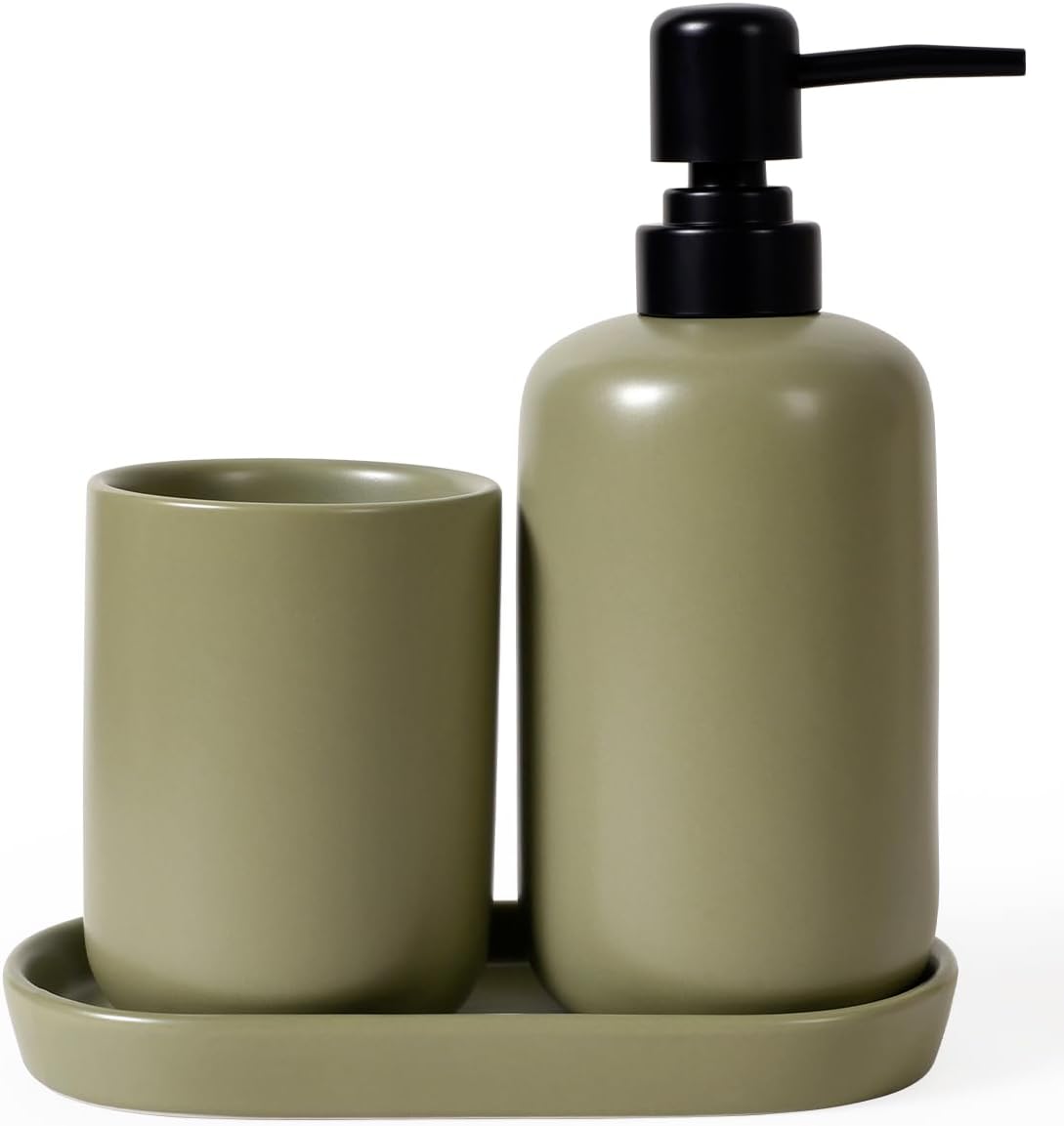 INGOFIN 3 Pcs Ceramic Bathroom Accessory Set - Liquid Soap Dispenser, Toothbrush Holder & Tray, Bathroom Counter Set, Countertop Essentials for Home, Guest Bathroom, or Office Use, Dark Green