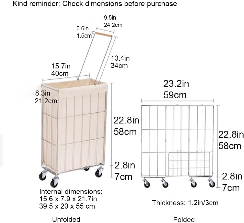Rolling Laundry Cart with Baskets, Stainless Steel Hamper with Wheels, Slim Laundry Basket Organizer, Foldable Rolling Hamper for Bathroom and Living Room