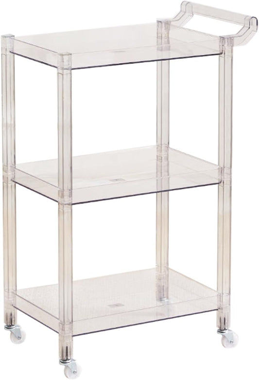 Acrylic Utility Rolling Cart, 3-Tier Clear Acrylic Storage Cart with Pulling Handle & 4 Wheels for Kitchen Dining Bathroom Laundry, Multifunction Serving Trolley for Small Spaces (Transparent)