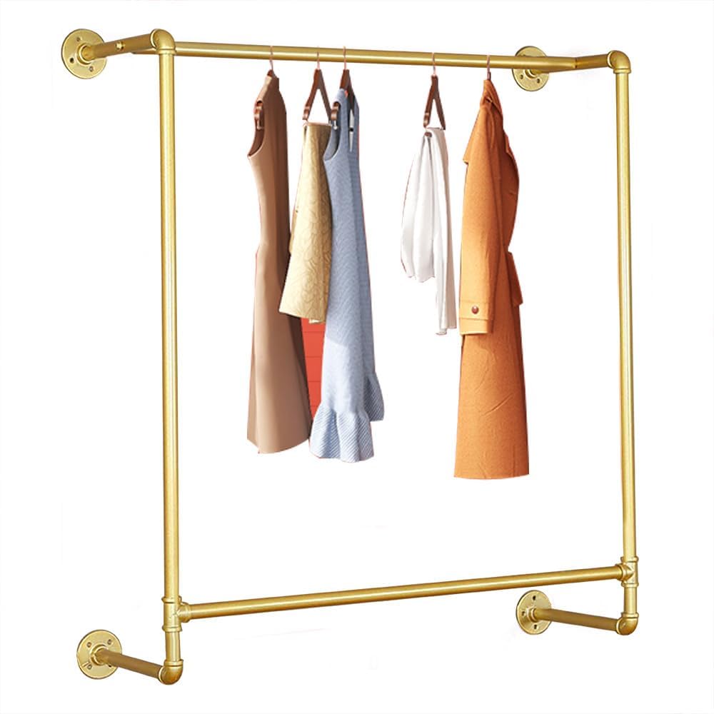 Gold Wall Mounted Clothes Rack, Industrial Pipe Garment Rack Hanging Rod Bar for Closet Storage,Laundry Room Up to Max Load 110lbs