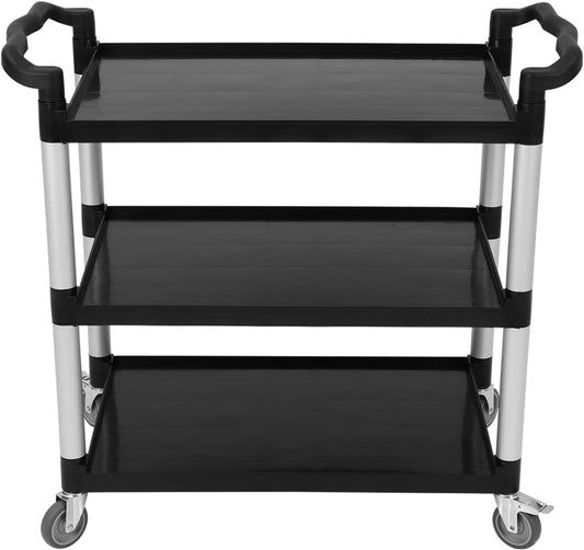 3-Tier Plastic Service Utility Cart with Wheels, Heavy Duty 3-Shelf Rolling Utility/Push Cart for Foodservice/Commercial/Restaurant/Office/Kitchen/Hotel, Black