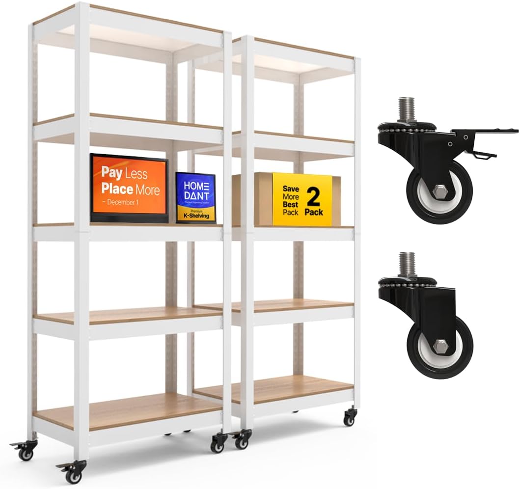 HOMEDANT House White 5-Tier Metal Rolling Cart Shelf Rack Casters Heavy Duty Wheel Shelving Unit Adjustable Utility Storage Shelves Organizer Shelf Kitchen Garage 24.4" W x 16.5" D x 62.2" H 2Pack