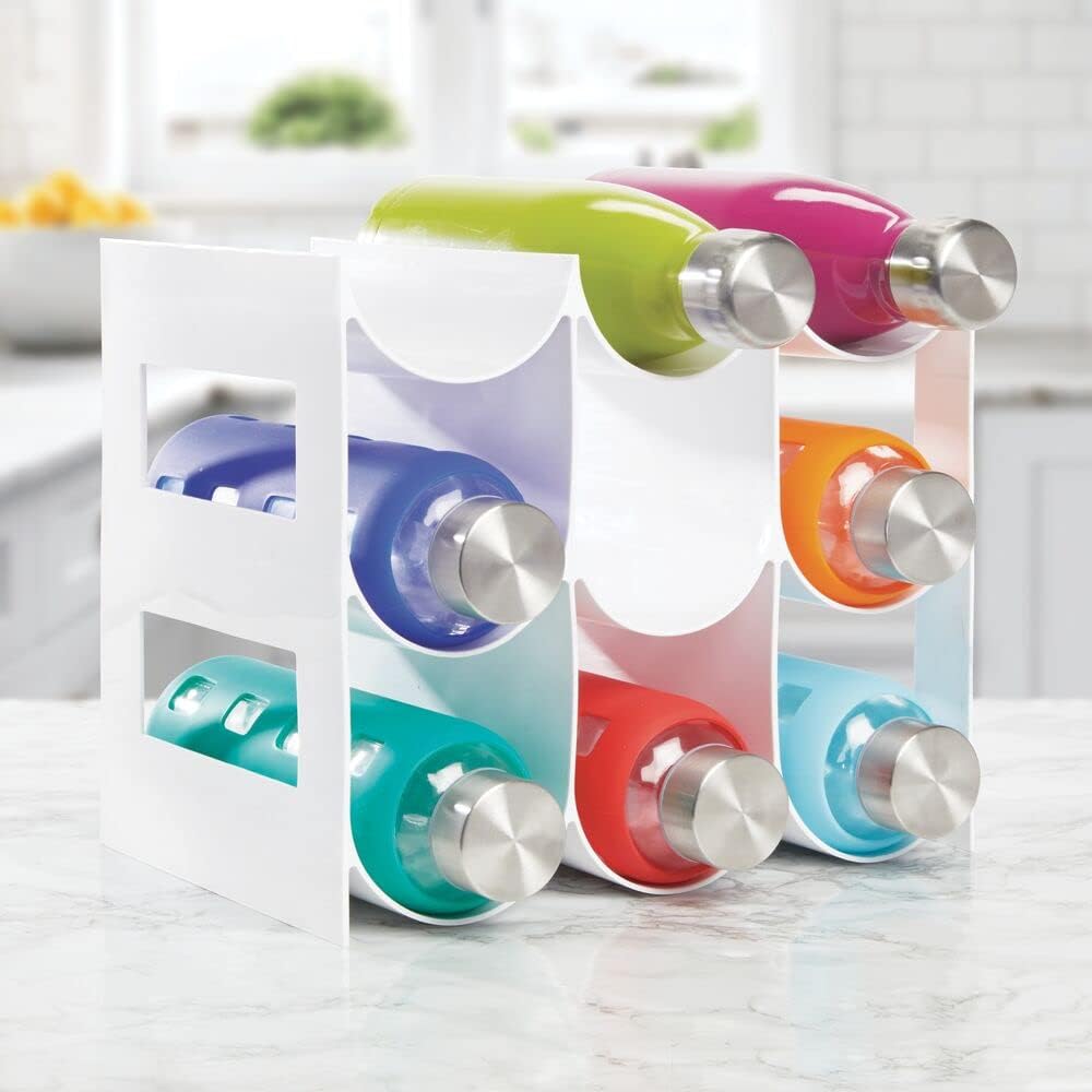 mDesign Plastic Free-Standing Water Bottle Organization/Wine Rack Storage Organizer for Kitchen Countertops, Cabinet, Bin, Pantry, Fridge, Refrigerator, 3 Tiers, 9 Bottles, Lumiere Collection - White