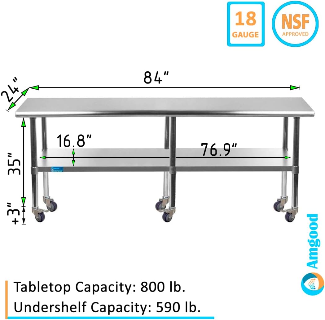 AmGood 24" x 84" Stainless Steel Work Table with Casters | Heavy Duty Metal Utility Table On Wheels | Kitchen Island Cart