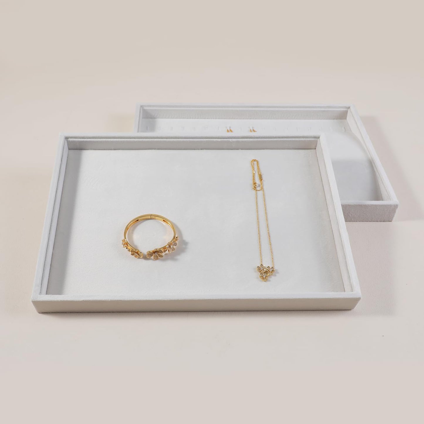 Velvet Stackable Jewelry Display Flat Tray For Ring Earring Necklace Bracelet, Bangle Pendant Storage Blank Plate, Shop Countertop Jewelry Dish Organizer (White)