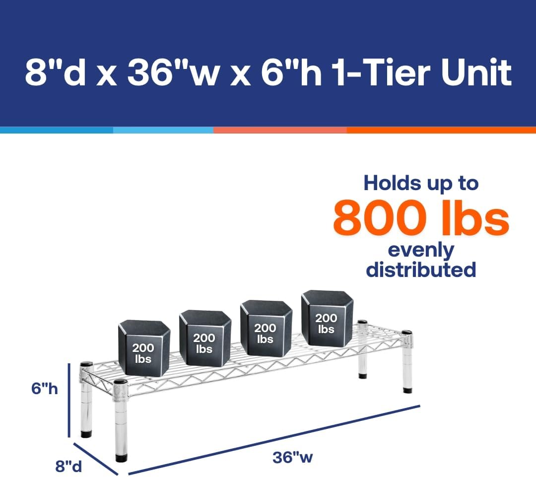 Shelving Inc. 8" d x 36" w Chrome Wire Shelving with 1 Tier Shelf, Weight Capacity 800lbs Per Shelf