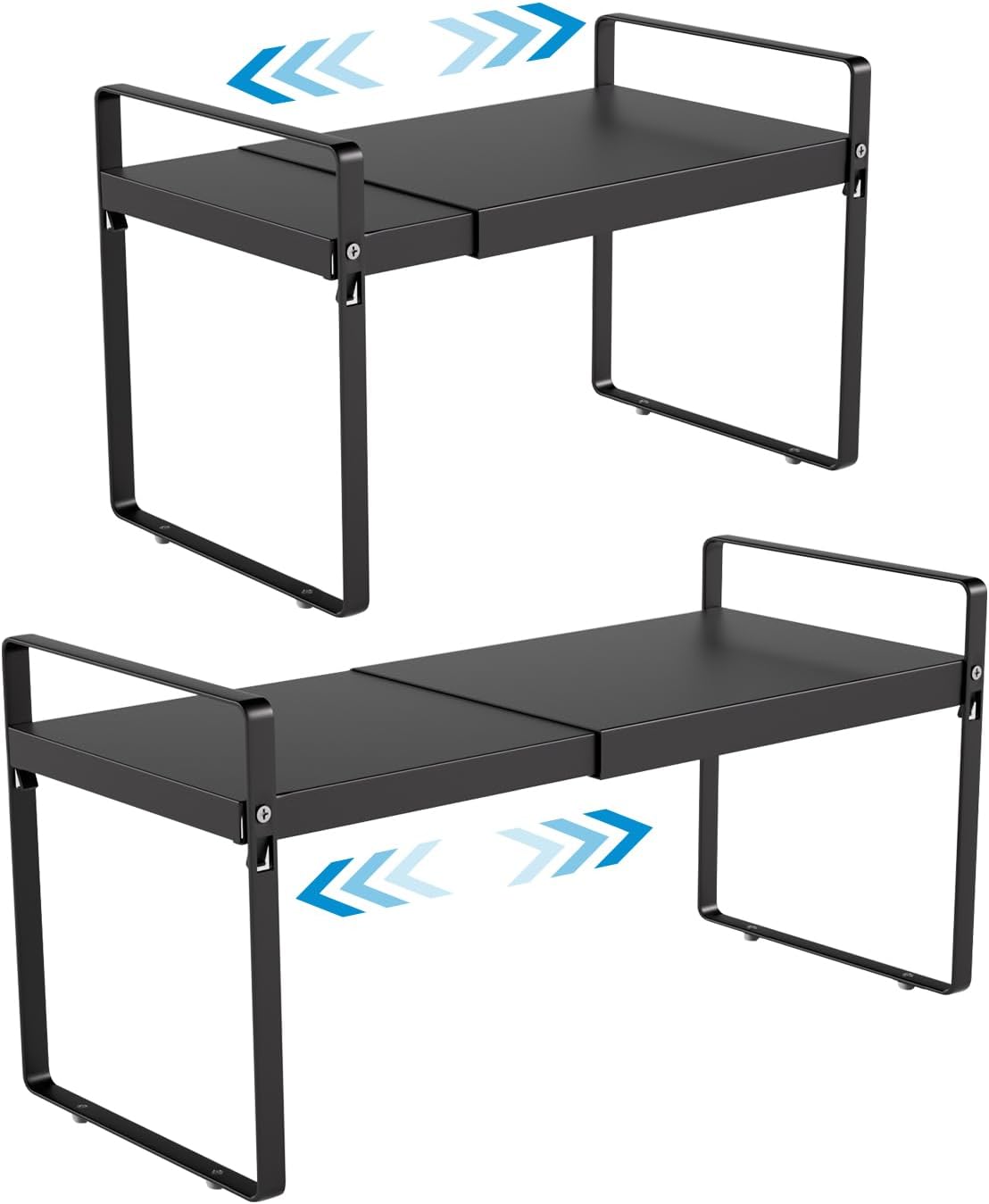 Expandable Cabinet Shelf Organizer 14-25 Inch Adjustable Length, 9" Wide 2-Tier (8" Bottom Layer) Metal Storage Rack for Kitchen Pantry, Under Sink Countertop - Heavy Duty Black(2 Pack)