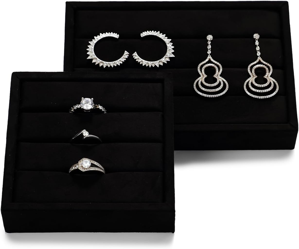 Oirlv 3 Slots Velvet Small Ring Organizer Earrings Trays Showcase Display Storage Insert Holder for Jewelry Box, Drawer, Dresser(Black,M)
