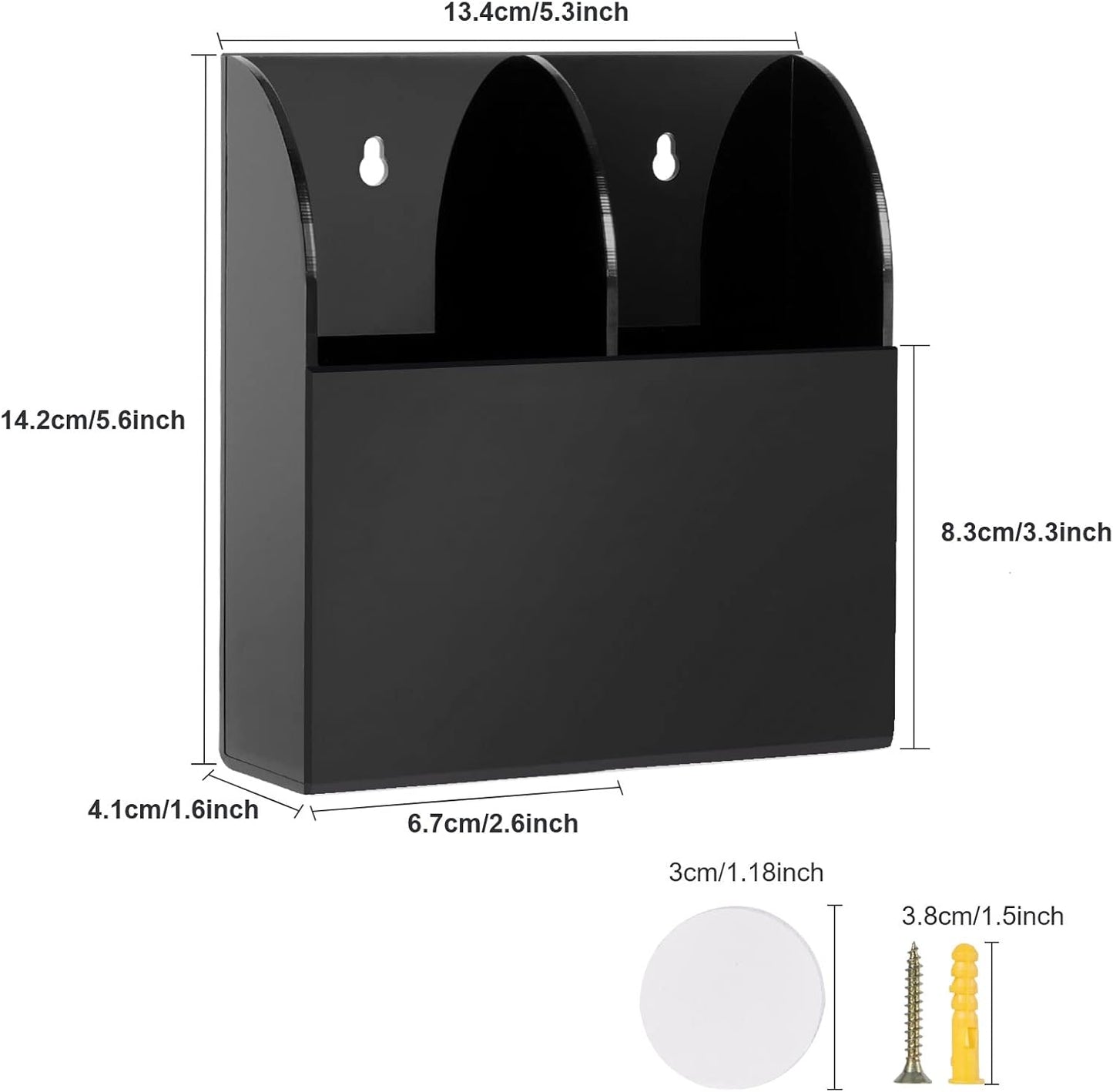 Yeeco Acrylic Remote Control Holder Wall Mount 2 Compartments, Black Remote Holder Wall Mount, 5.3’’×1.6’’×5.6’’ Wall Pen Holder, Pen Holder for Wall, Remote Control, Pens, Makeup, Key