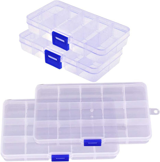 Guyuyii 4 Pack Bead Organizer with Adjustable Dividers – 2 x 10-Grid and 2 x 15-Grid Small Plastic Organizer Box for Bead Storage, Jewelry Making, Crafts, and Fishing Tackle