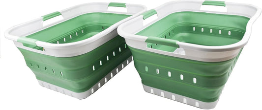 SAMMART 42L (11 gallon) Collapsible Plastic Laundry Basket - Foldable Pop Up Storage Container/Organizer - Portable Basket - Space Saving Hamper/Basket (Grey/Dark Sea Green (Set of 2))