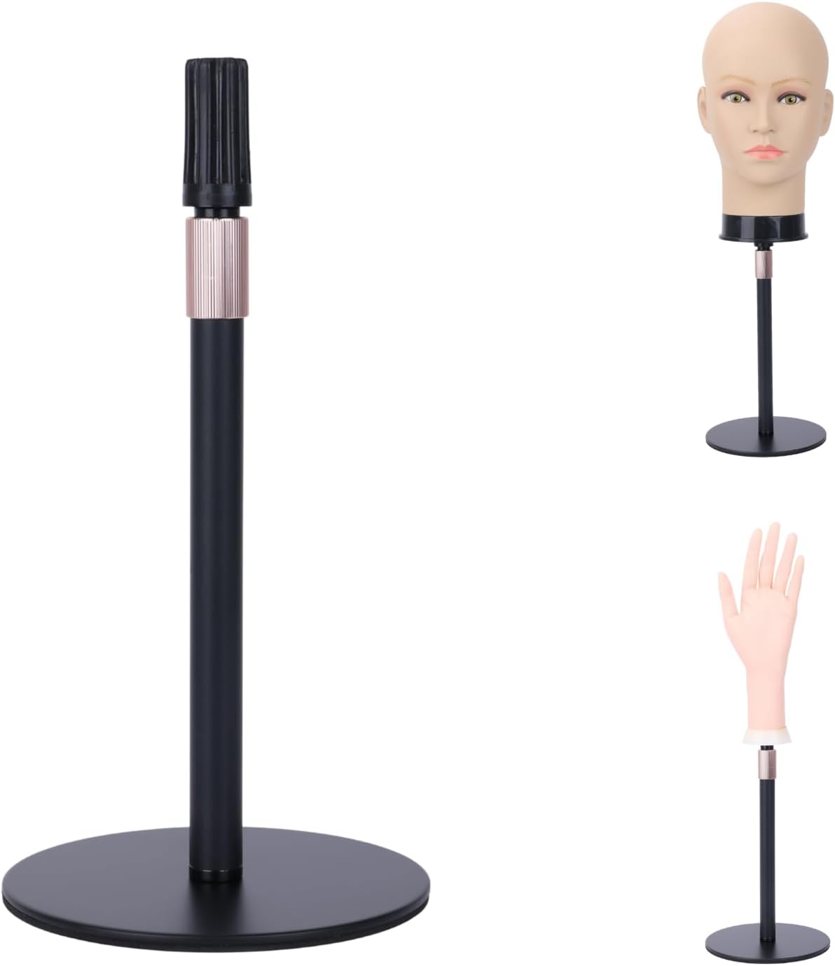 Adjustable Wig Head Stand – Matte Black Metal, 11" to 17.5" Height, Works with Foam or Canvas Heads, Nail Practice Hand & More. Sturdy Non-Slip Base, Easy to Set Up (Frosted Black)