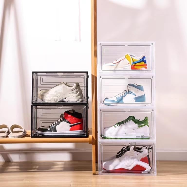 Attelite Shoe Box, Upgraded Large Clear Shoe Storage Box Stackable, 8 Pack Thicken Plastic Shoe Containers, Drop Front Large Magnetic Door,Shoe Storage Organizer for Display Sneakers