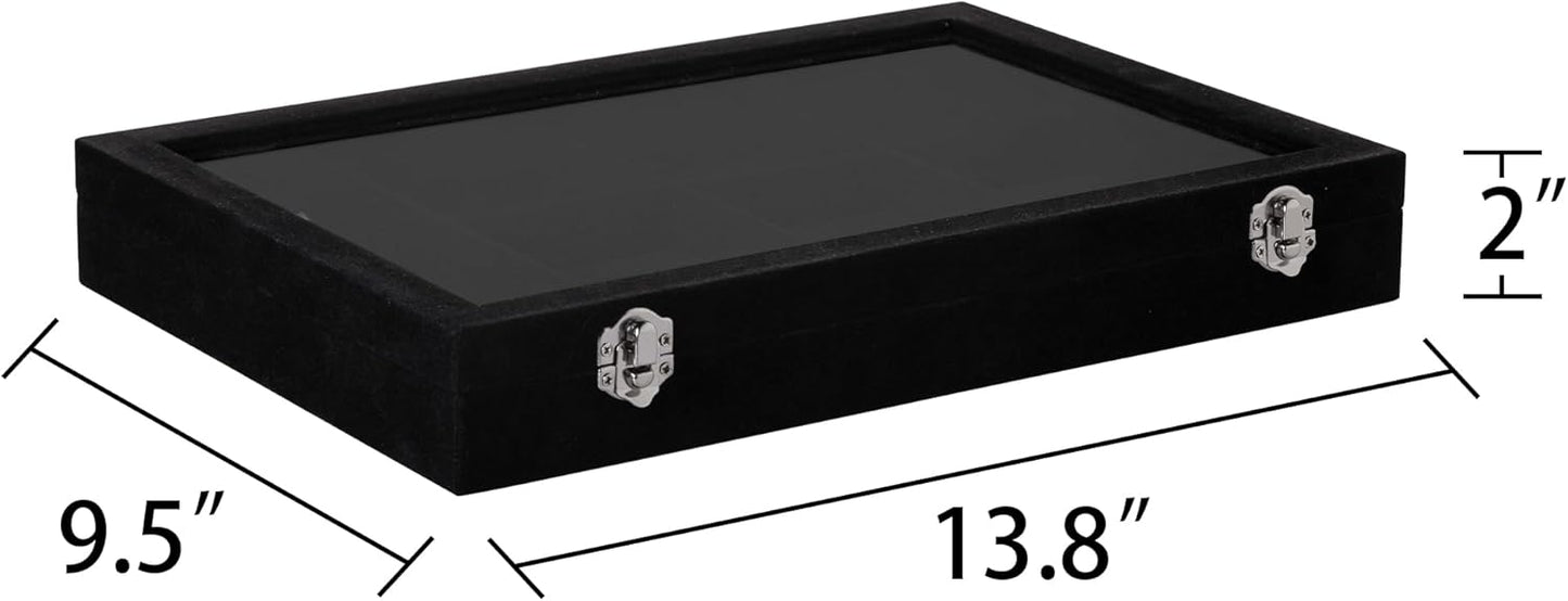 Frebeauty Velvet Jewelry Tray,12 Grid Jewelry Organizer with Clear Lid,Bracelets Holder,Jewelry Display Case with Clasp,Drawer Insert Bangle Brooch,13.8 x 9.5 x 2 Inches,Gift for Women Girls(Black)