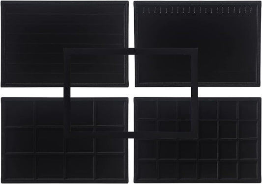 Coward Set of 5 Stackable Jewelry Organizer Tray Necklace Earring Box Storage Ring Bracelet Display Holder (Black(ring+necklace+earring+12grid))