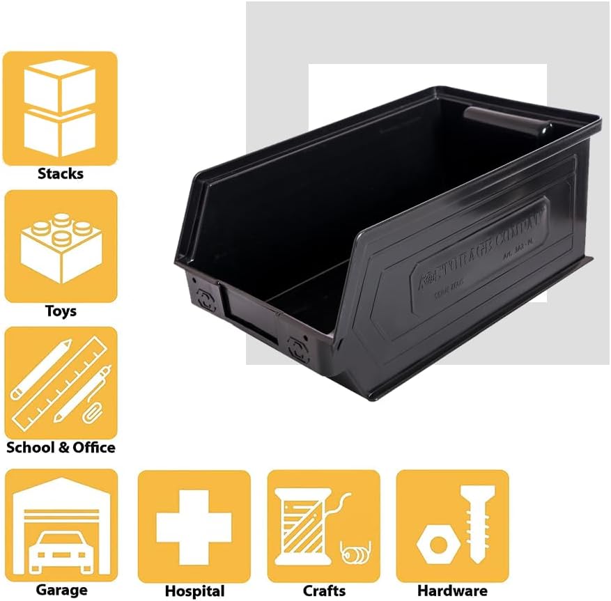 6-Pack Storage Bins, Wall Mount, Stackable & Freestanding, 12”x 8” x 6” Plastic Organizers, Utility Containers for Garage, Home, Workshop, Black