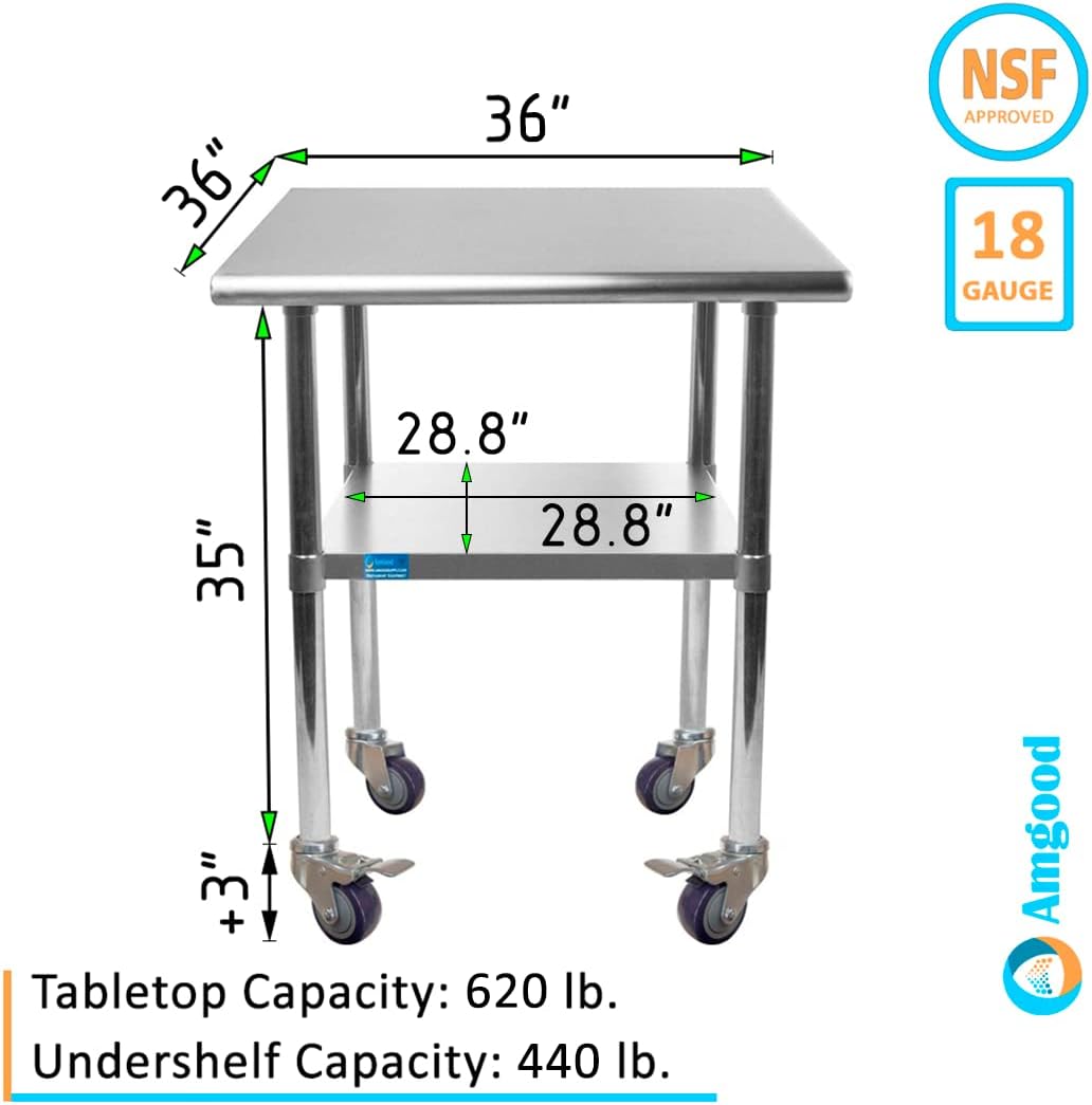 AmGood 36" Long x 36" Deep Stainless Steel Table with Casters