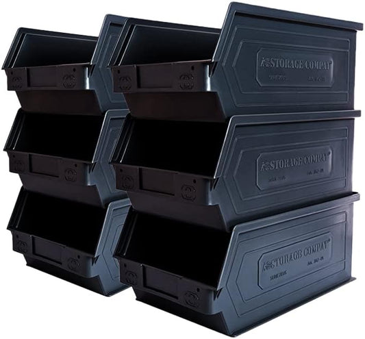 6-Pack Storage Bins, Wall Mount, Stackable & Freestanding, 12”x 8” x 6” Plastic Organizers, Utility Containers for Garage, Home, Workshop, Black
