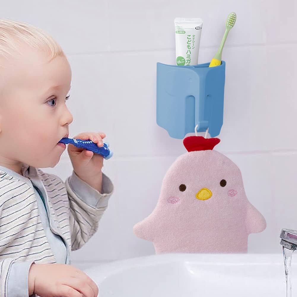 Kids Toothbrush Holder, Cute Elephant Toothbrush Holders for Toddler, Toothbrush Toothpaste Holder for Bathroom, Toothbrush Organizer with 3 Slots and a Hook, Sky Blue