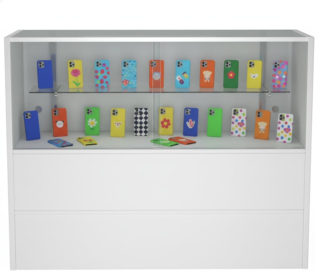 WISDOMFUR 48” Display Showcase with LED Lighting – White Melamine Finish, Adjustable Glass Shelf, Locking Sliding Doors – 4ft Retail Display Cabinet for Stores & Exhibits