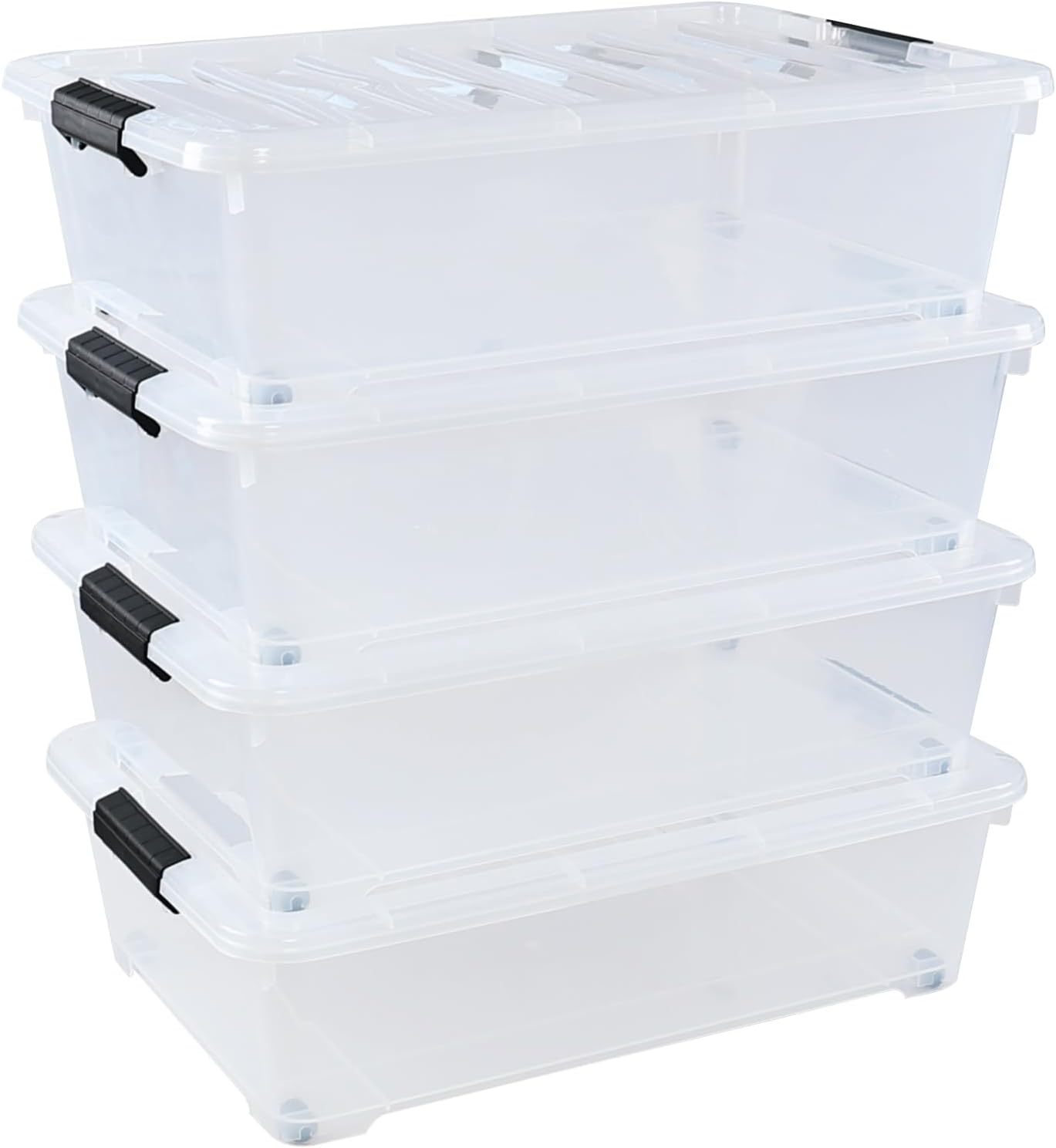 4-Pack 25 Quart Large Plastic Underbed Clothes Storage Containers Bins, Wheeled Latching Box with Lids for Closet Organizers Shoes Underbed, Clear