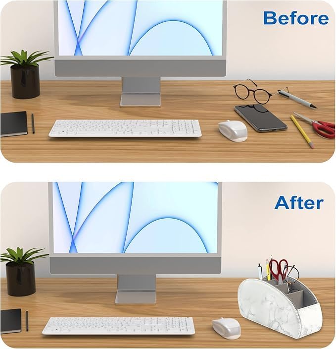 Remote Control Holder with 5 Compartments – [Upgrade Version] PU Leather Remote Caddy Desktop Organizer Store TV, DVD, Blu-Ray, Media Player, Smart Phones, Heater Controllers(Marble white)