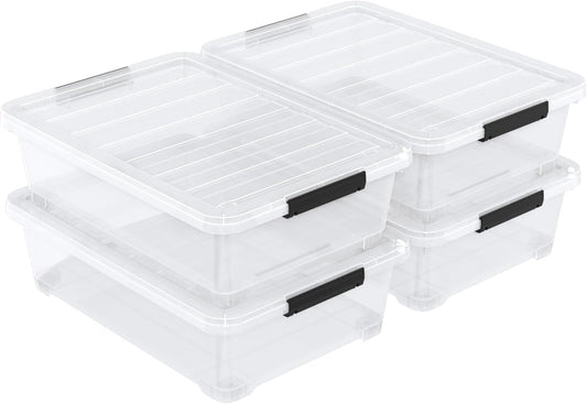 Pack of 4 Stackable Plastic Containers with Durable Latching Lids, Under Bed Storage Containers, 40 Quart