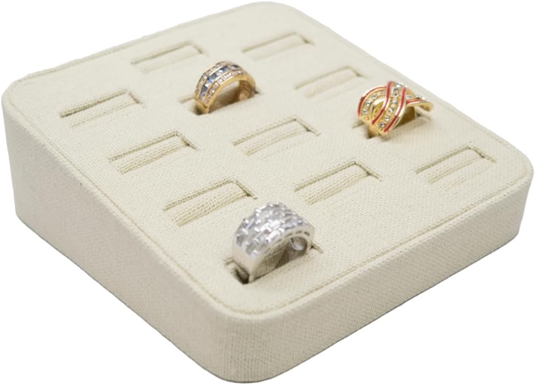 Novel Box 12-Slot Beige Linen Rings/Earrings/Cufflinks Holder Tray 5.75x5x2 Inches - Ring Holder Organizer for Selling or Personal Use - Jewelry Display Trays for Special Occasions