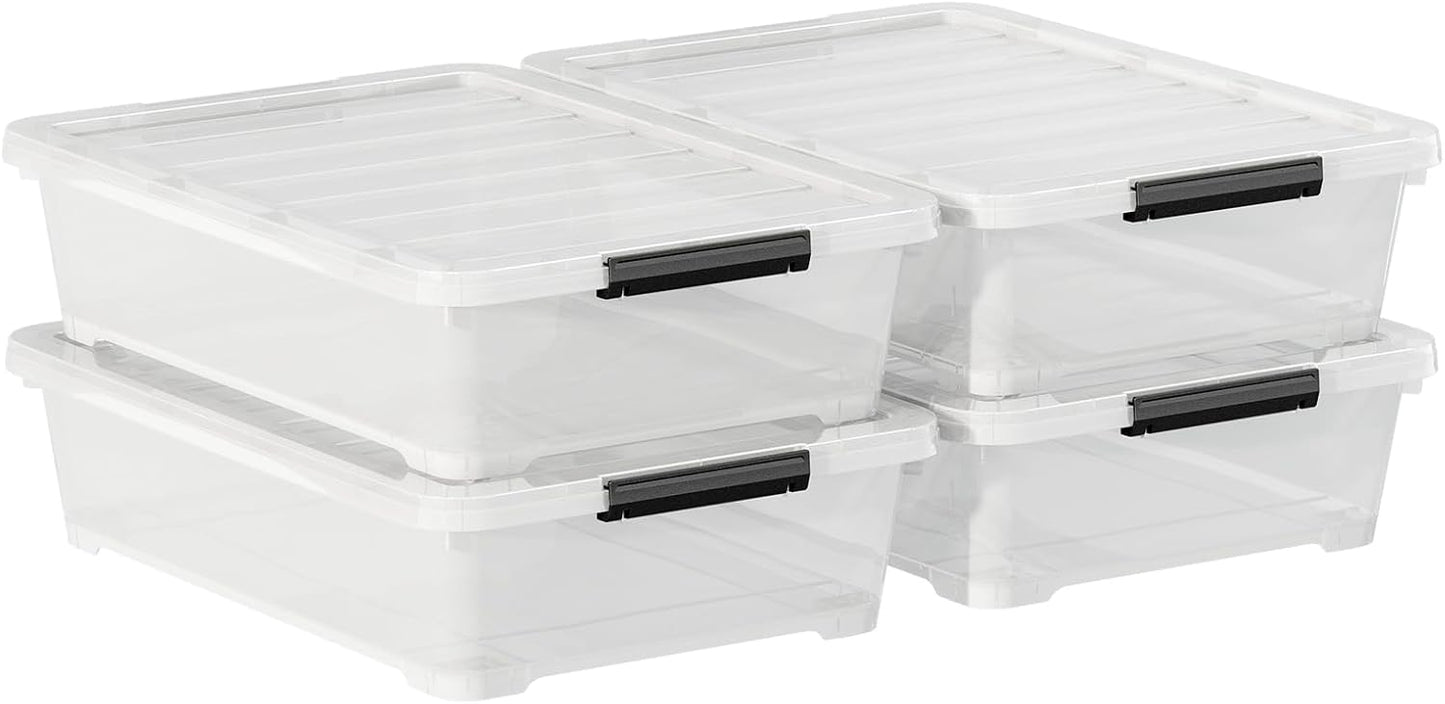 4 Pack 20-Quart Under Bed Storage Box with Wheels, Rolling Underbed Storage Containers Organizer with Latch Lids, Clear