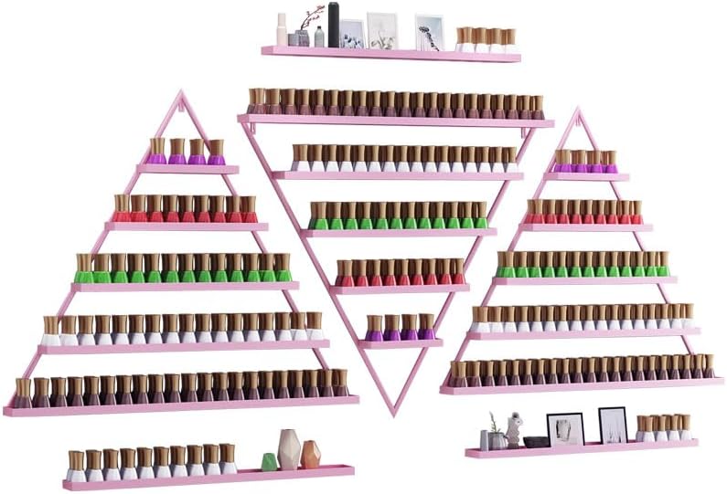 Elegant Gold Wall Mounted Nail Polish Rack - Set of 6 Triangular Cosmetic Display Shelves for Essential Oil Bottles, Organize Your Lipsticks and Perfumes in Style at Home or Salon (Pink)