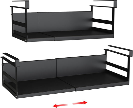 Expandable Under Cabinet Shelf Organizer with 0.94-Inch Thick Clips, Heavy Duty Extendable Under Shelf Storage Basket for Pantry or Laundry Room, Black, 2 Pack, Interior: 4.13" H x 7.2" D