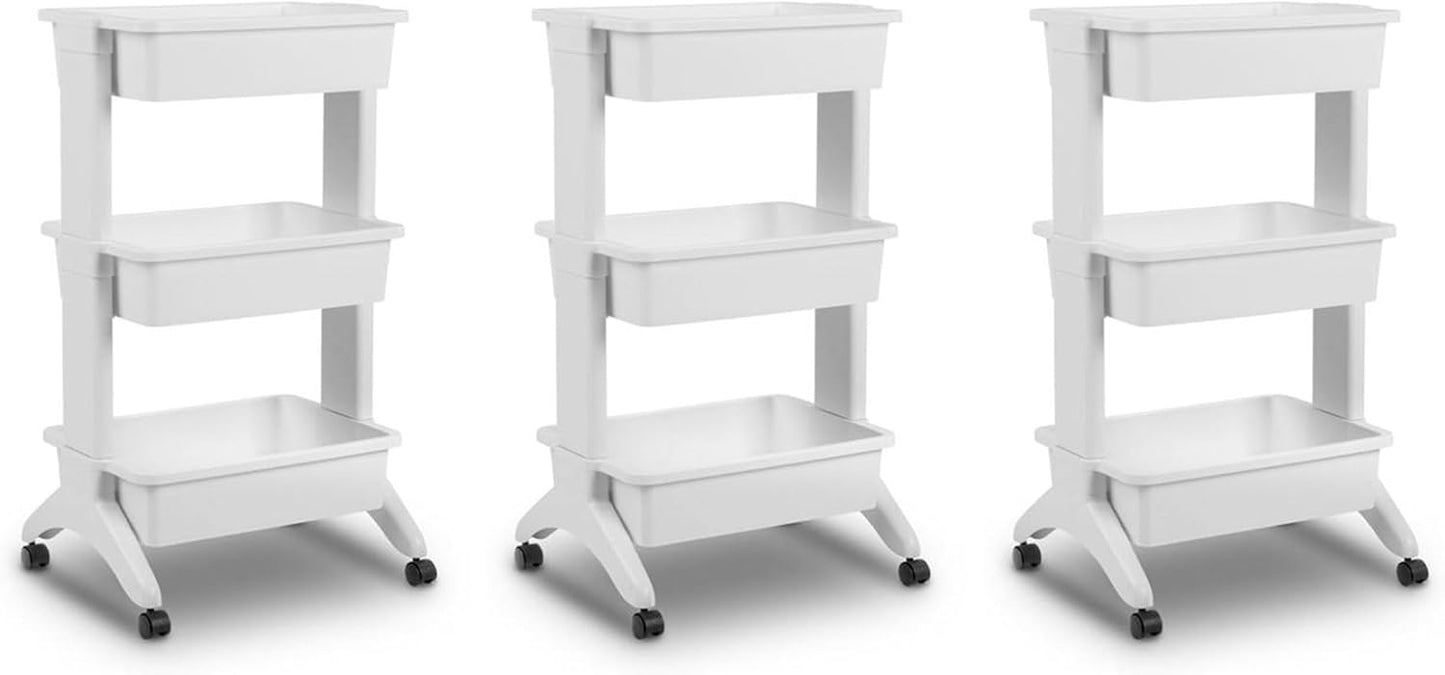 Sterilite 3 Tier Utility Cart Portable Storage Open Bin Organizer with 360 Degree Smooth Rolling Caster Wheels, Supports 10 lb Per Tier, White, 3-Pack