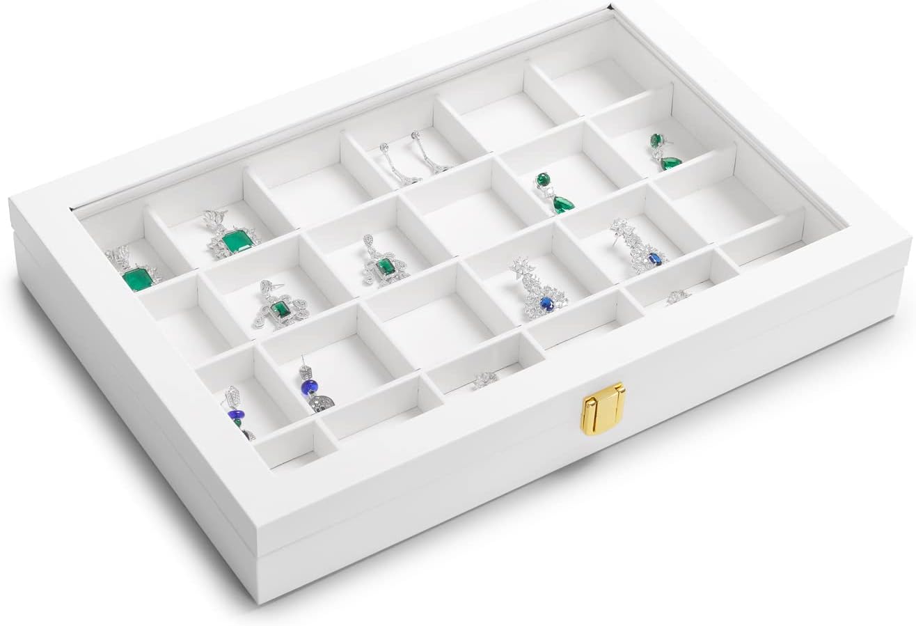 Oirlv Premium Blue Leather 24 Grid Jewelry Tray with Transparent Lid Earrings Rings Organizer Box Stackable Jewelry Box Drawer Inserts Women Gift