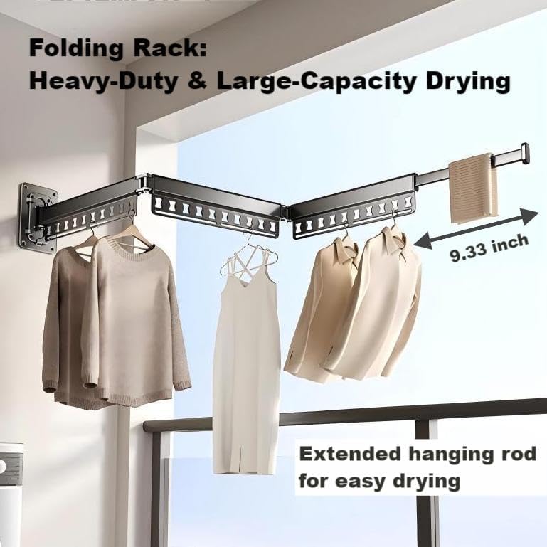 Clothes Drying Rack Wall-Mounted, 3-Fold Retractable Clothes Hanger with Windproof Holes & Detachable Design, Sturdy Foldable Laundry Rack for Balcony, Bathroom Use (Gunmetal Gray)