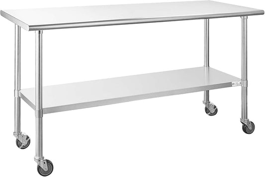 Hally Stainless Steel Table for Prep & Work 24 x 72 Inches with Caster Wheels, NSF Commercial Heavy Duty Table with Undershelf and Galvanized Legs for Restaurant, Home and Hotel