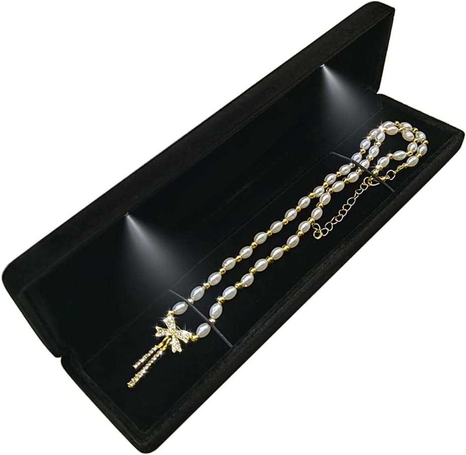 GBYAN Velvet Chain Necklace Box with LED Light, Long Bracelet Storage Case, Jewelry Display Gift Box for Engagement, Anniversary,Wedding and Birthday,Black