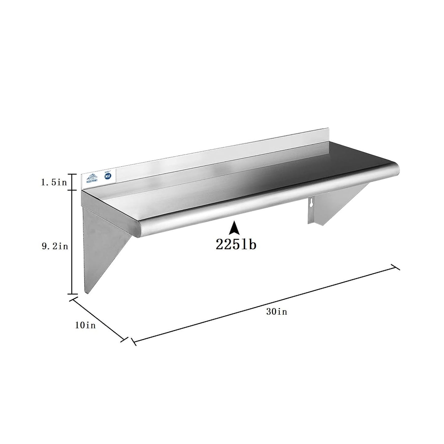 ROCKPOINT Stainless Steel Shelf 10 x 30 Inches 225lb, 2 Pack NSF Metal Commercial Shelves Wall Mount Floating Shelving with Backsplash for Restaurant, Kitchen, Home and Hotel, Silver